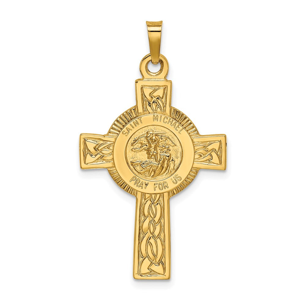 Million Charms 14K Yellow Gold Themed Relgious Cross With Religious Saint Michael Medal Pendant