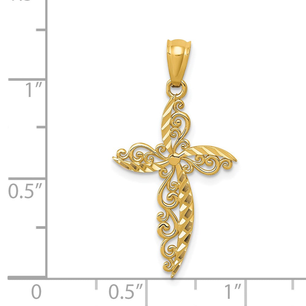 Million Charms 14K Yellow Gold Themed Scroll Design Relgious Cross Pendant
