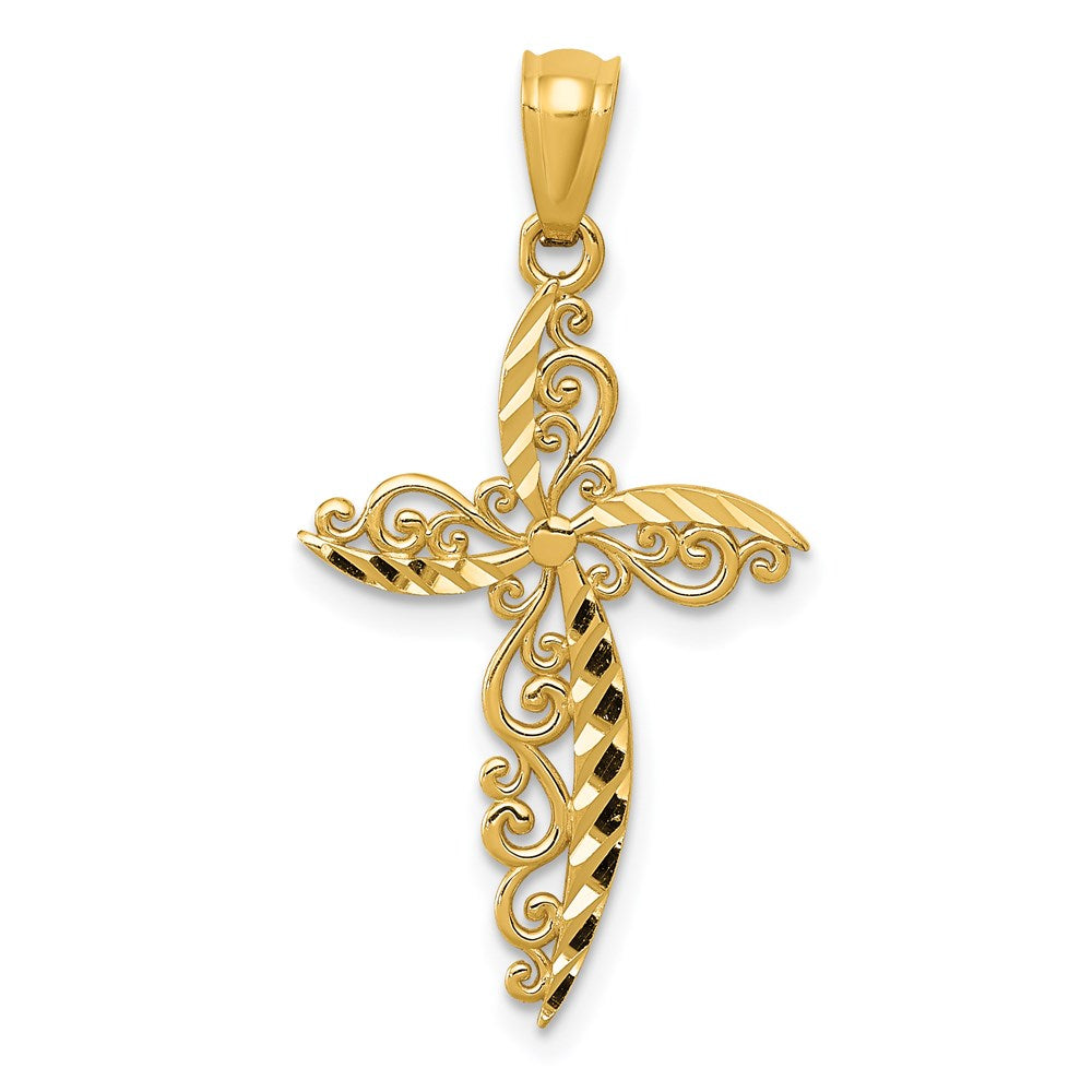 Million Charms 14K Yellow Gold Themed Scroll Design Relgious Cross Pendant