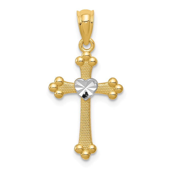 Million Charms 14K Yellow Gold Themed With Rhodium-plated Budded Relgious Cross Charm