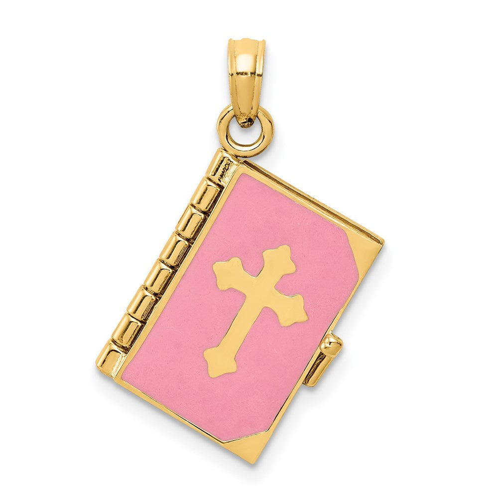 Million Charms 14K Yellow Gold Themed Pink Enameled Lord'S Prayer Bible Pendant