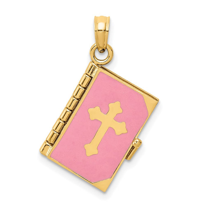 Million Charms 14K Yellow Gold Themed Pink Enameled Lord'S Prayer Bible Pendant