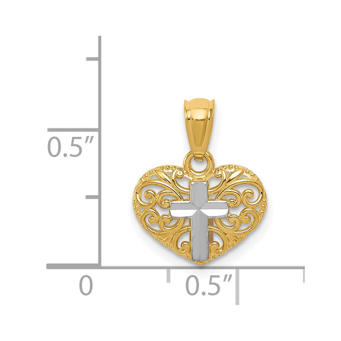 Million Charms 14K Yellow Gold Themed With Rhodium-plated Relgious Cross In Heart Pendant