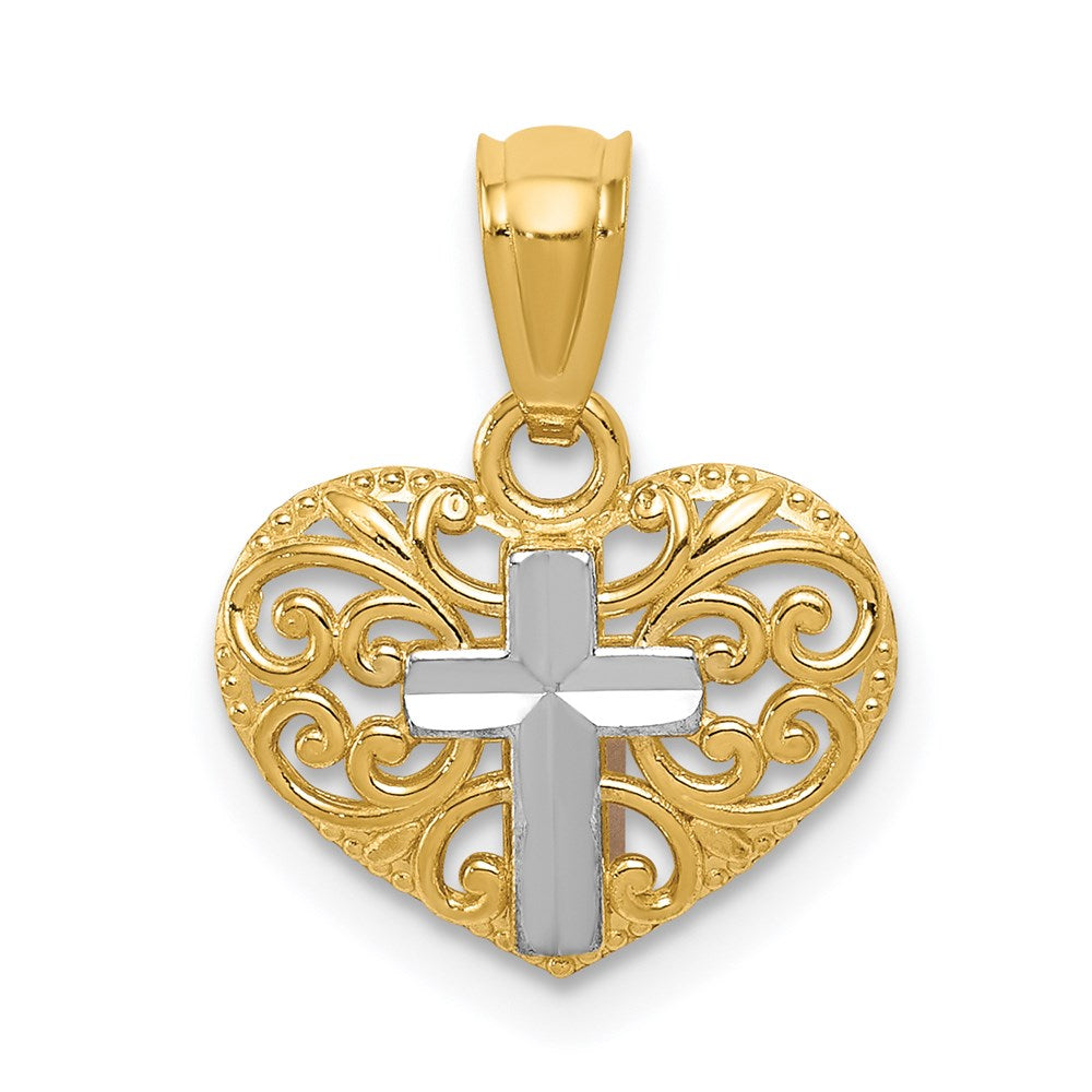 Million Charms 14K Yellow Gold Themed With Rhodium-plated Relgious Cross In Heart Pendant