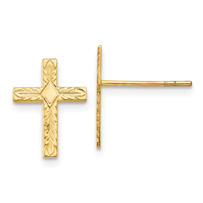 Million Charms 14k Yellow Gold Polished & Textured Cross Earrings, 13mm x 10mm