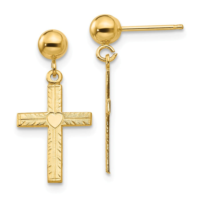 Million Charms 14k Yellow Gold Polished & Satin Cross Dangle Earrings, 21mm x 10mm