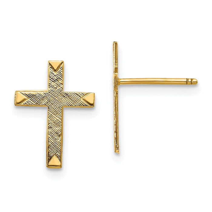 Million Charms 14k Yellow Gold Brushed Finish Cross Earrings, 13mm x 10mm