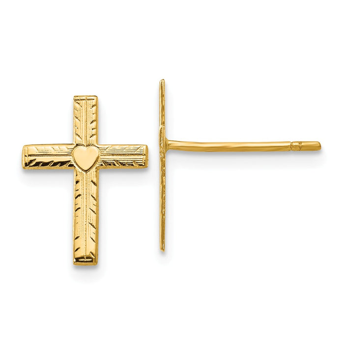 Million Charms 14k Yellow Gold Polished & Satin Heart Cross Earrings, 13mm x 10mm