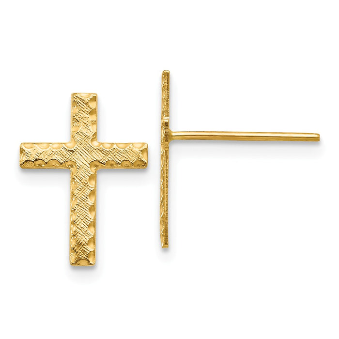 Million Charms 14k Yellow Gold Brushed Finish Cross Earrings, 13mm x 10mm