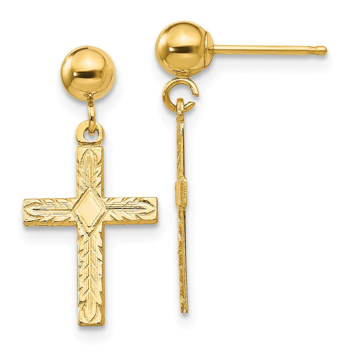 Million Charms 14k Yellow Gold Polished & Textured Cross Earrings, 21mm x 10mm