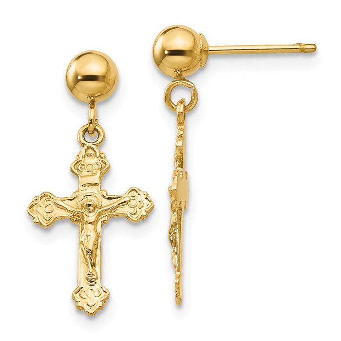 Million Charms 14k Yellow Gold Polished Crucifix Post Earrings, 20mm x 10mm