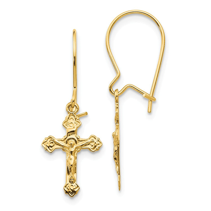 Million Charms 14k Yellow Gold Polished Crucifix Earrings, 27mm x 9mm