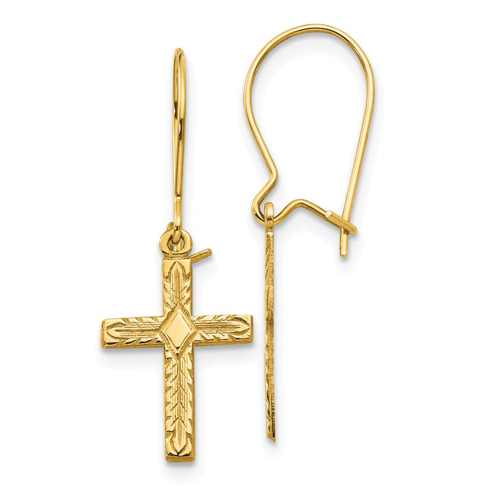 Million Charms 14k Yellow Gold Polished & Satin Cross Earrings, 27mm x 10mm