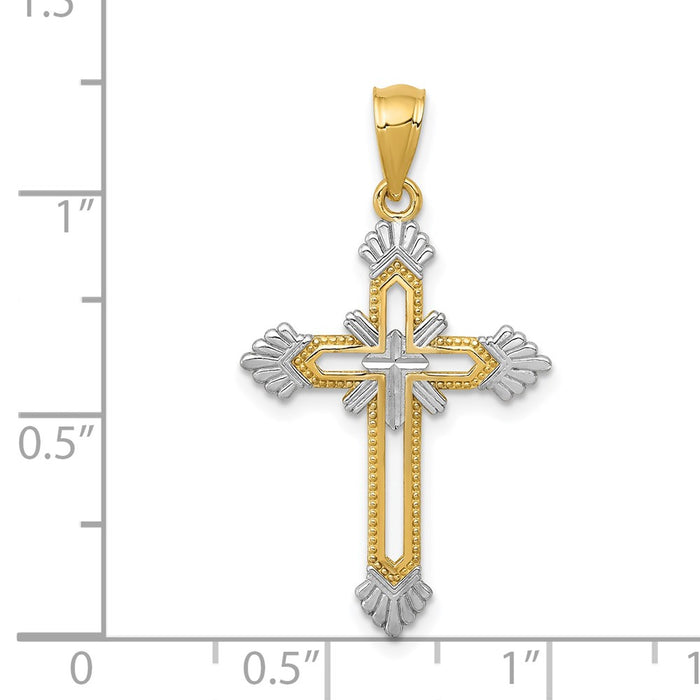 Million Charms 14K Yellow Gold Themed Diamond-Cut Rhodium-plated Relgious Cross Pendant