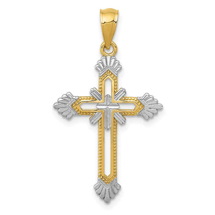 Million Charms 14K Yellow Gold Themed Diamond-Cut Rhodium-plated Relgious Cross Pendant