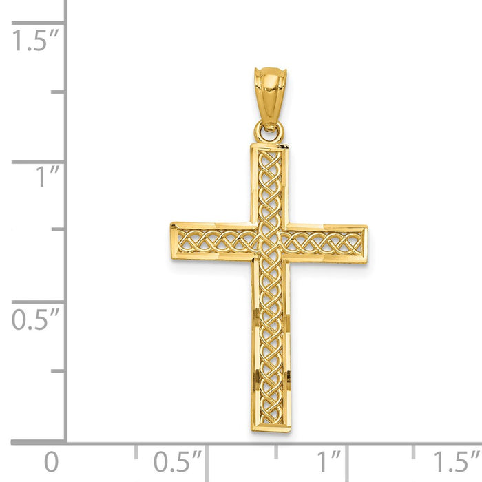 Million Charms 14K Yellow Gold Themed Diamond-Cut Filigree Relgious Cross Pendant