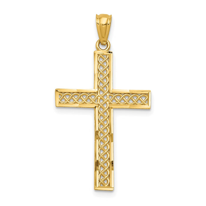 Million Charms 14K Yellow Gold Themed Diamond-Cut Filigree Relgious Cross Pendant