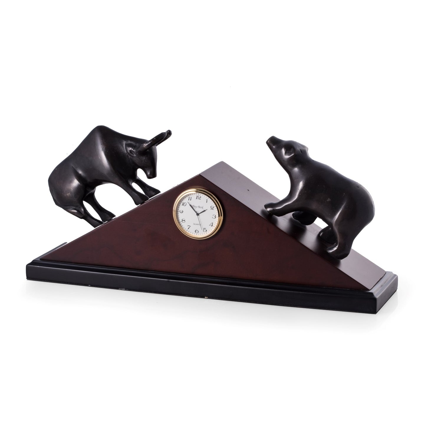 Occasion Gallery Black/Burl Color Brass Bull & Bear Quartz Clock on "Burl" Wood with Black Wood Base. 14 L x 3.5 W x 6.5 H in.