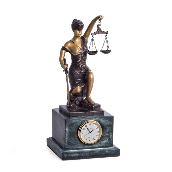 Occasion Gallery Green Marble/Bronze Color Bronze Kneeling Lady Justice with Quartz Clock on Green Marble Base. 4.75 L x 4.75 W x 11 H in.