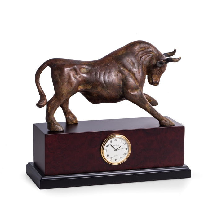 Occasion Gallery Black/Burl Color Brass Bull Sculpture with Flamed Patina Finish with Quartz Clock on "Burl" Wood and Black Base. 10 L x 3.75 W x 9 H in.