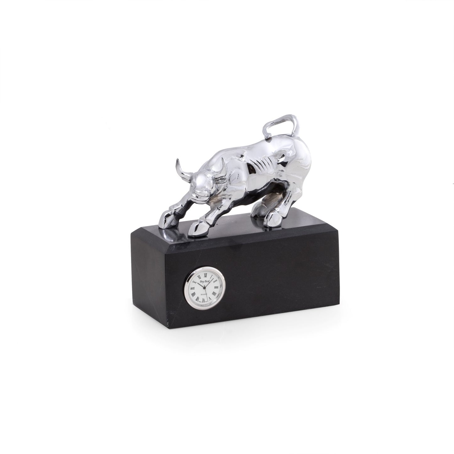 Occasion Gallery Black/Silver Color Chrome Bull on Black Marble Base with Quartz Clock. 6 L x 3 W x 6 H in.