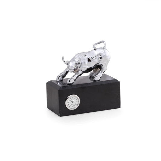 Occasion Gallery Black/Silver Color Chrome Bull on Black Marble Base with Quartz Clock. 6 L x 3 W x 6 H in.