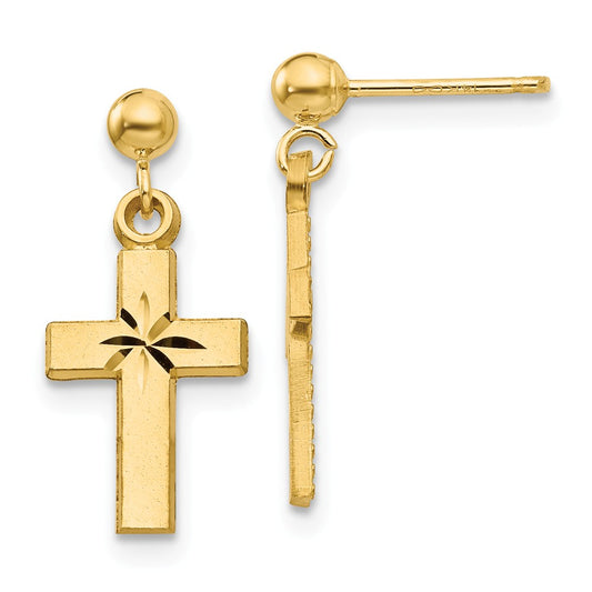 Million Charms 14k Yellow Gold Satin & Diamond -Cut Cross Earrings, 20mm x 8mm