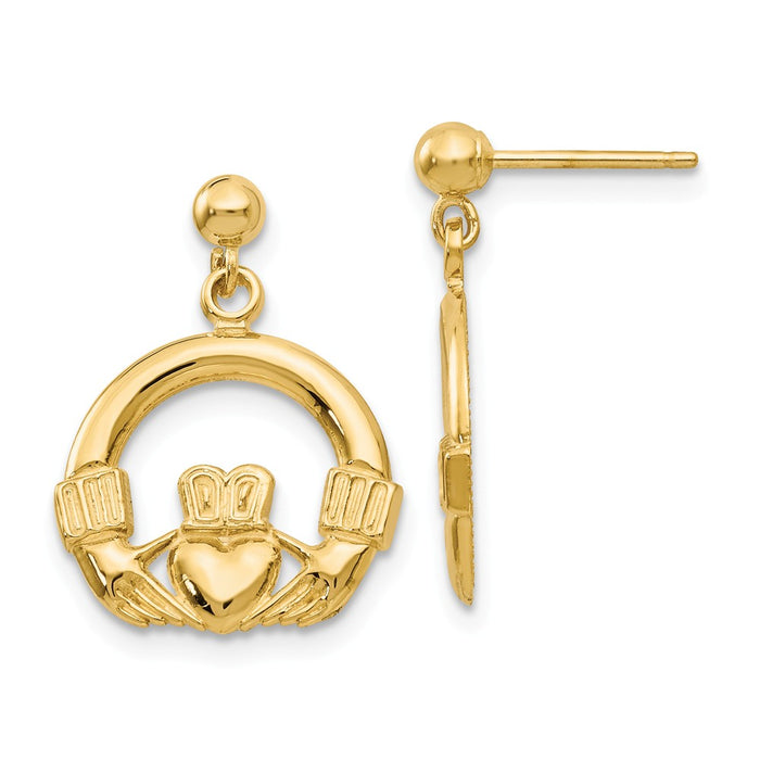 Million Charms 14k Yellow Gold Dangling Claddagh Post Earrings, 21mm x 14mm