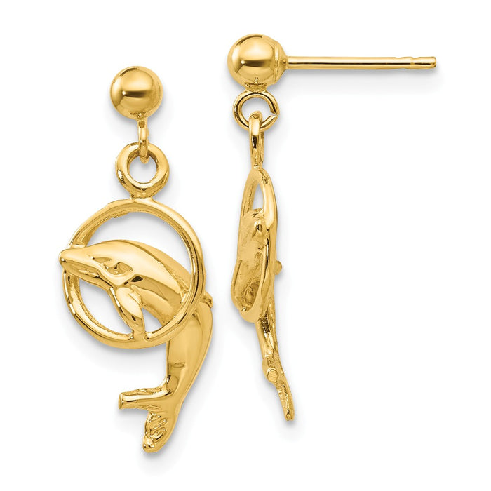 Million Charms 14k Yellow Gold Dolphin Earrings, 22mm x 9mm