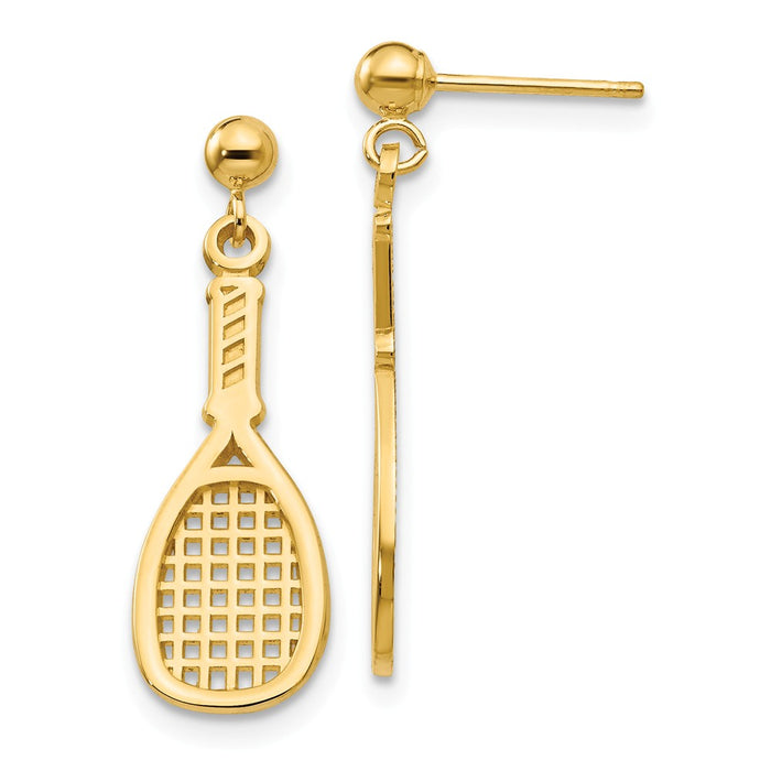 Million Charms 14k Yellow Gold Polished Racquet Dangle Post Earrings, 26mm x 8mm