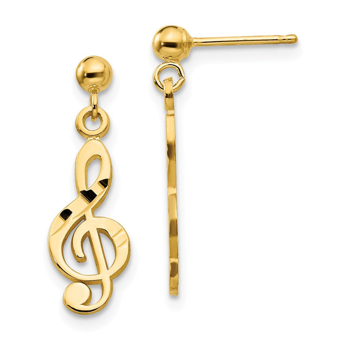 Million Charms 14k Yellow Gold Polished & Diamond-Cut Treble Clef Dangle Post Earrings, 22mm x 6mm