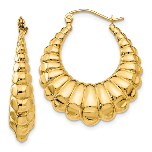 Million Charms 14k Yellow Gold Polished Scalloped Hollow Hoop Earrings, 14mm x 6mm