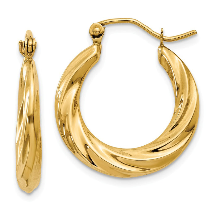 Million Charms 14k Yellow Gold Polished Twisted Hollow Hoop Earrings, 13mm x 3mm