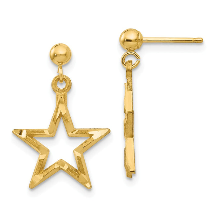 Million Charms 14k Yellow Gold Polished & Diamond-Cut Star Dangle Post Earrings, 21mm x 13mm