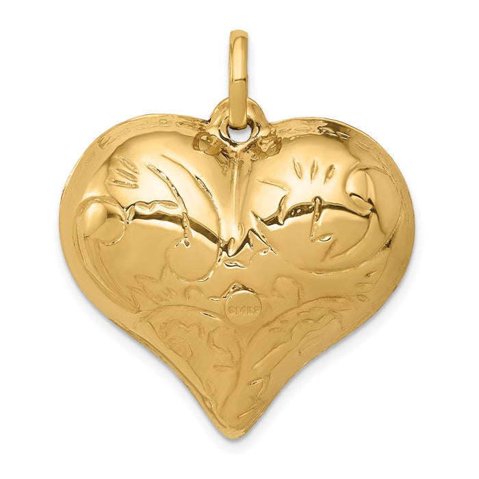 Million Charms 14K Yellow Gold Themed Polished Lasered Pattern 3-D Heart Pendant