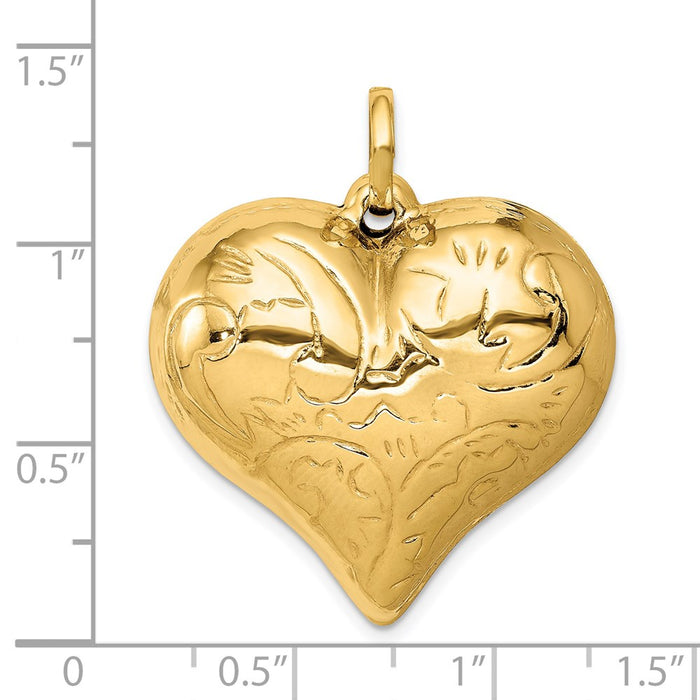 Million Charms 14K Yellow Gold Themed Polished Lasered Pattern 3-D Heart Pendant