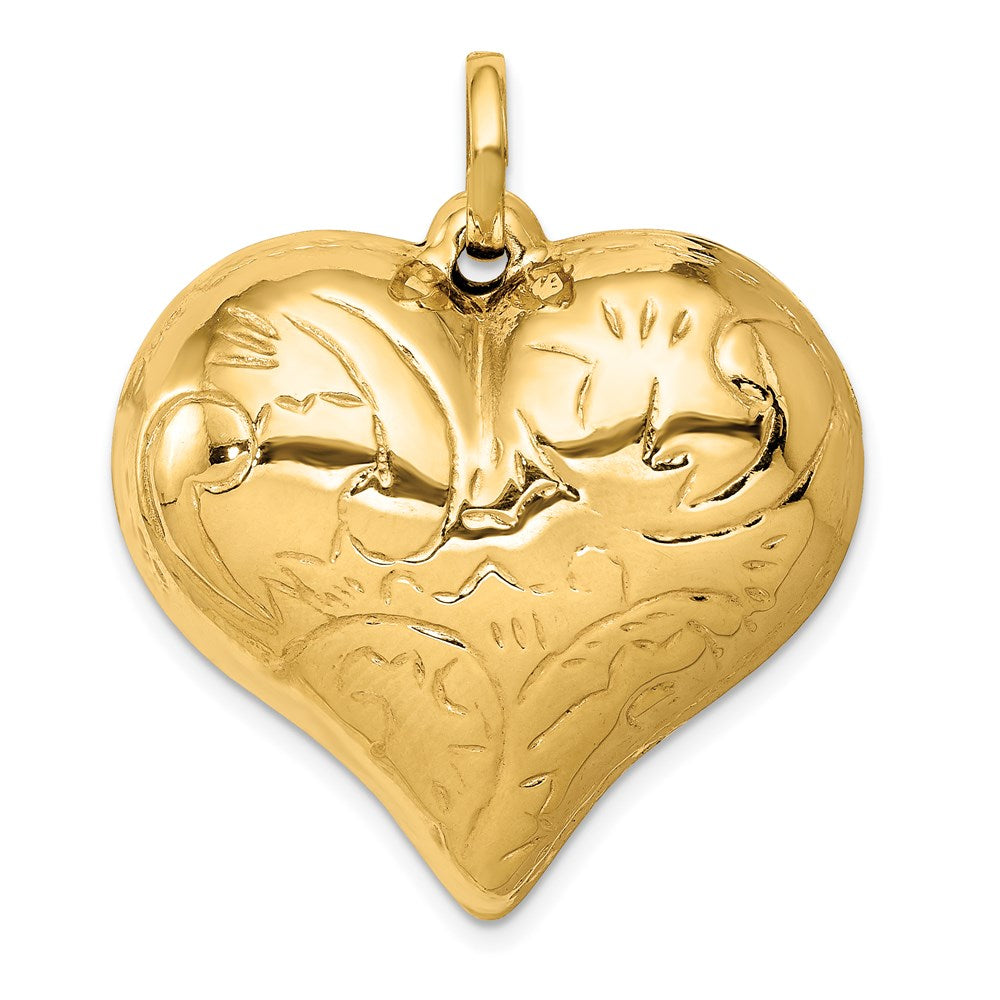 Million Charms 14K Yellow Gold Themed Polished Lasered Pattern 3-D Heart Pendant