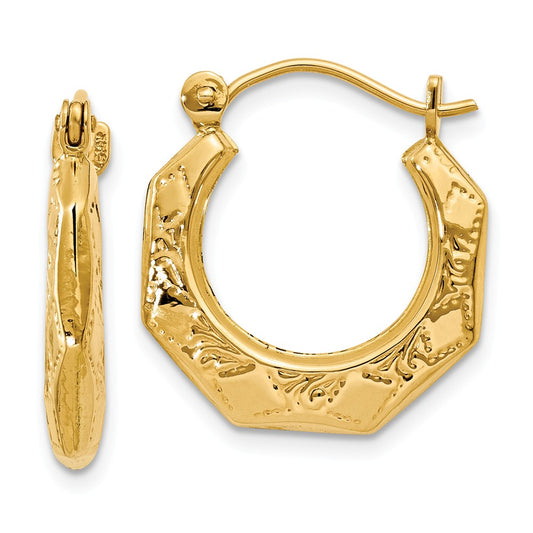 Million Charms 14k Yellow Gold Polished Patterned Hoop Earrings, 11mm x 4mm