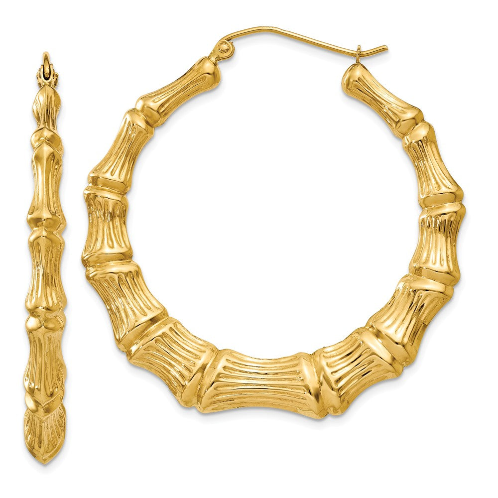 Million Charms 14k Yellow Gold Polished Bamboo Hoop Earrings, 33mm x 8mm
