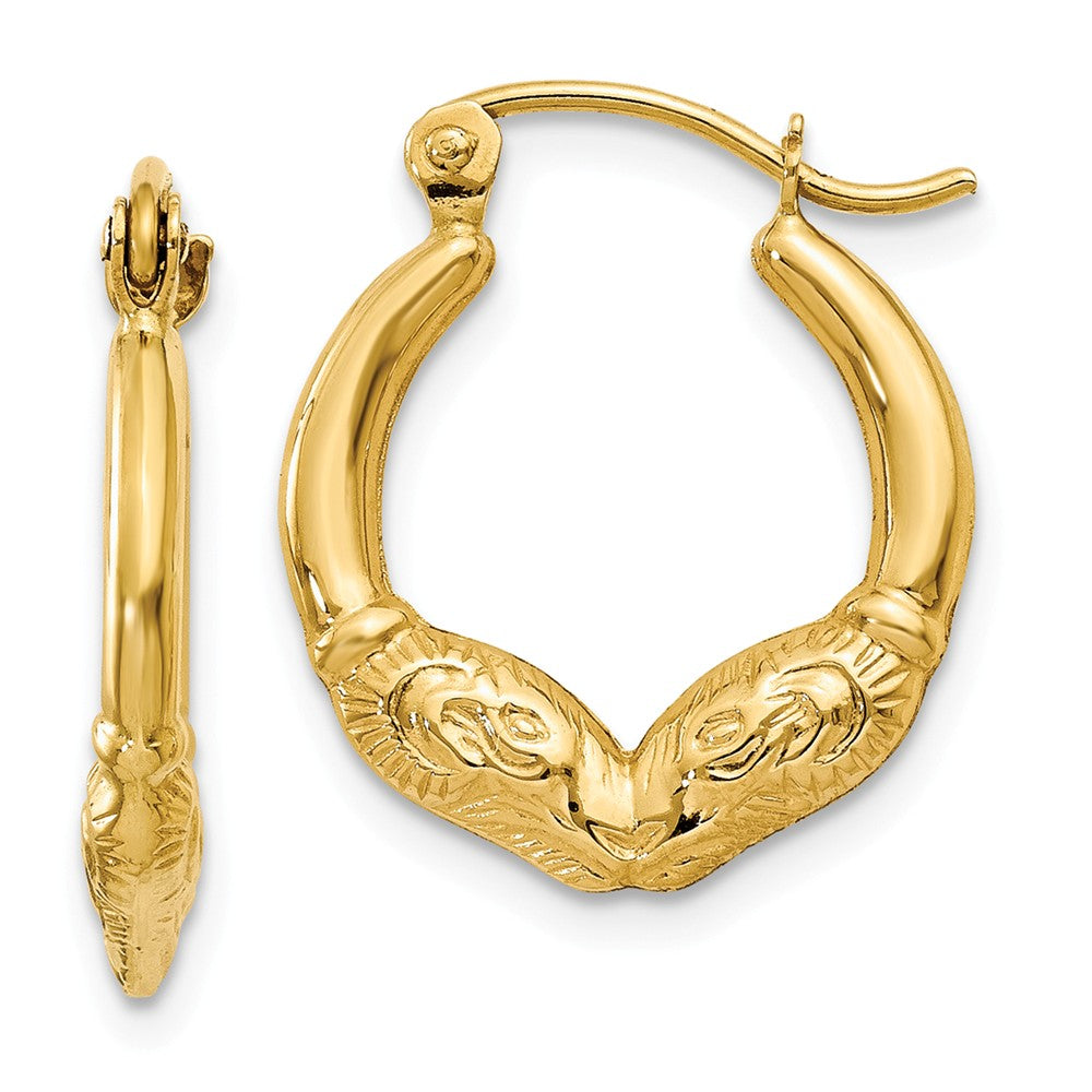 Million Charms 14k Yellow Gold Ram Head Hoop Earrings, 10mm x 3mm