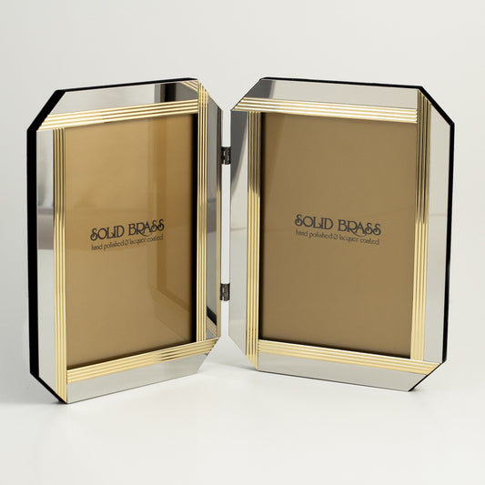 Occasion Gallery Silver Color Silver & Brass Double 4"x6" Picture Frame. 5.25 L x 0.25 W x 7.2 H in.