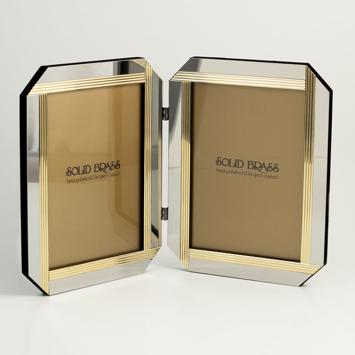 Occasion Gallery Silver Color Silver & Brass Double 5"x7" Picture Frame. 6.75 L x 0.25 W x 8.5 H in.