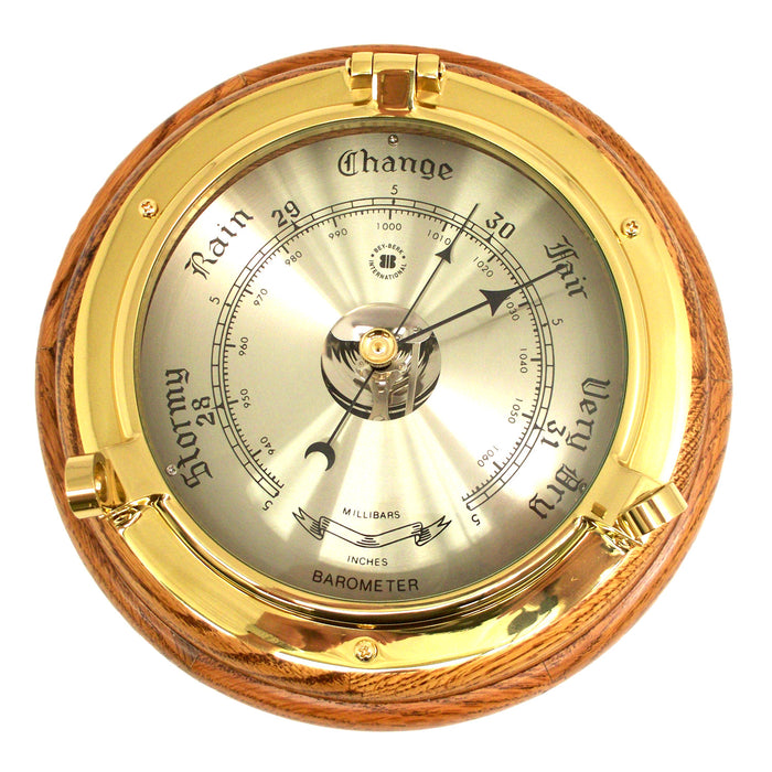 Occasion Gallery Gold Color Lacquered Brass Porthole Barometer on Oak Wood. 9.5 L x 2 W x  H in.