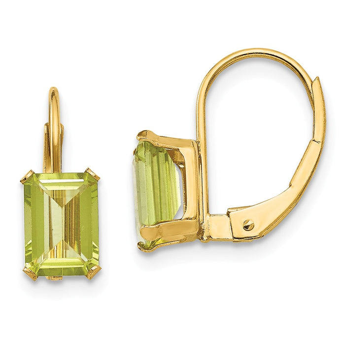 14k Yellow Gold Madi K Emerald Shape Peridot Leverback Earrings, 12mm x 4mm