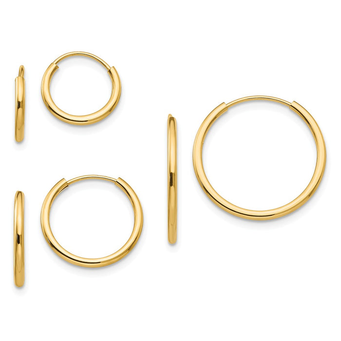 14k Yellow Gold Madi K Polished Endless Hoop 3 Pair Earring Set, 1mm