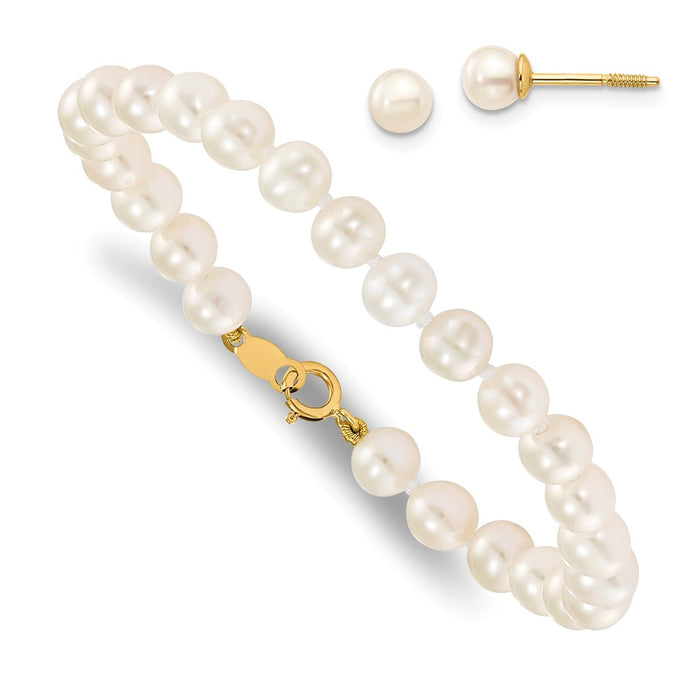 Madi K Jewelry Set - 14k Yellow Gold Madi K 4-5mm White Freshwater Cultured Pearl Bracelet & Earring Set