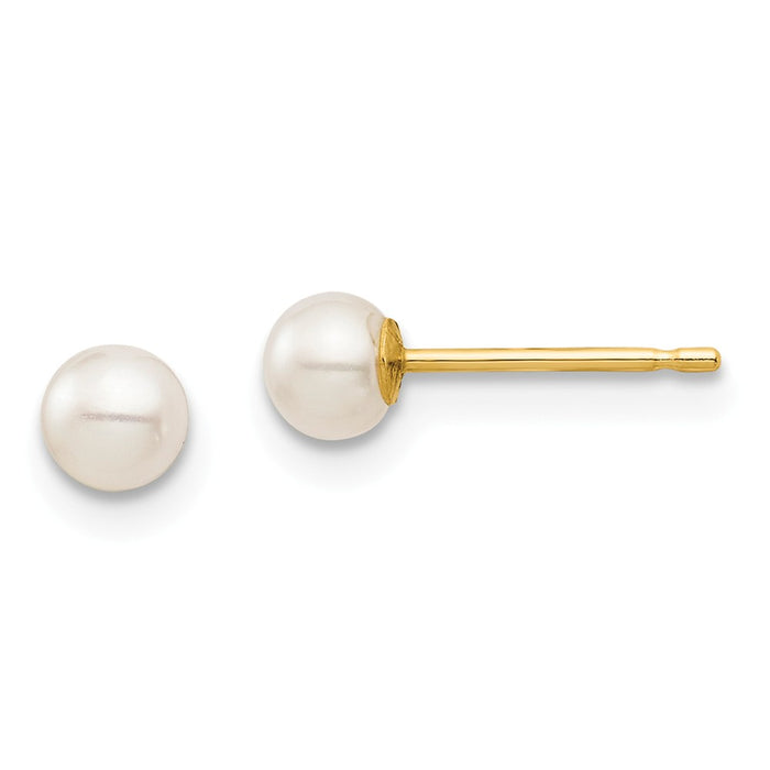 14k Yellow Gold Madi K 3-4mm White Round Freshwater Cultured Pearl Stud Post Earrings, 3mm x 3 to 4mm