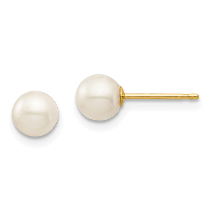 14k Yellow Gold Madi K 5-6mm White Round Freshwater Cultured Pearl Stud Post Earrings, 5mm x 5 to 6mm