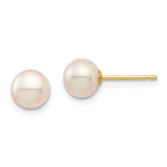 14k Yellow Gold Madi K 6-7mm White Round Freshwater Cultured Pearl Stud Post Earrings, 6mm x 6 to 7mm