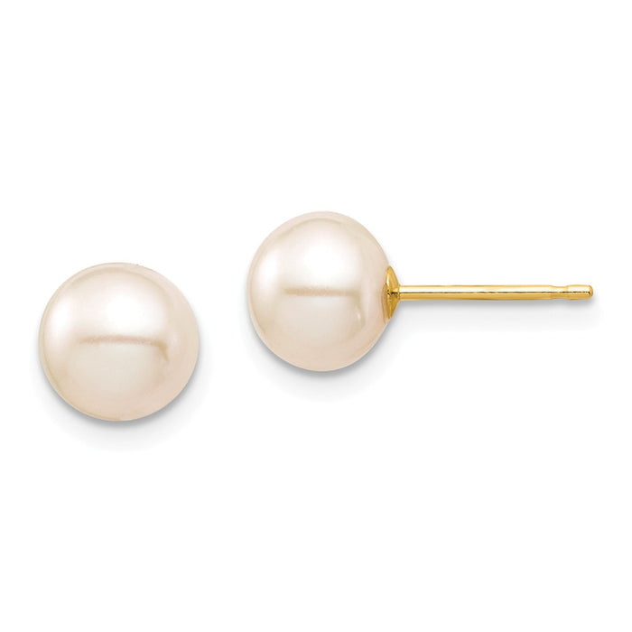 14k Yellow Gold Madi K 7-8mm White Round Freshwater Cultured Pearl Stud Post Earrings, 7mm x 7 to 8mm